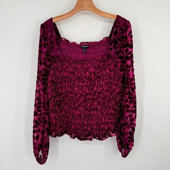 Torrid Womens Size 2x Velvet Smocked Blouson Sleeve Crop Top Burgundy plus - Picture 10 of 14